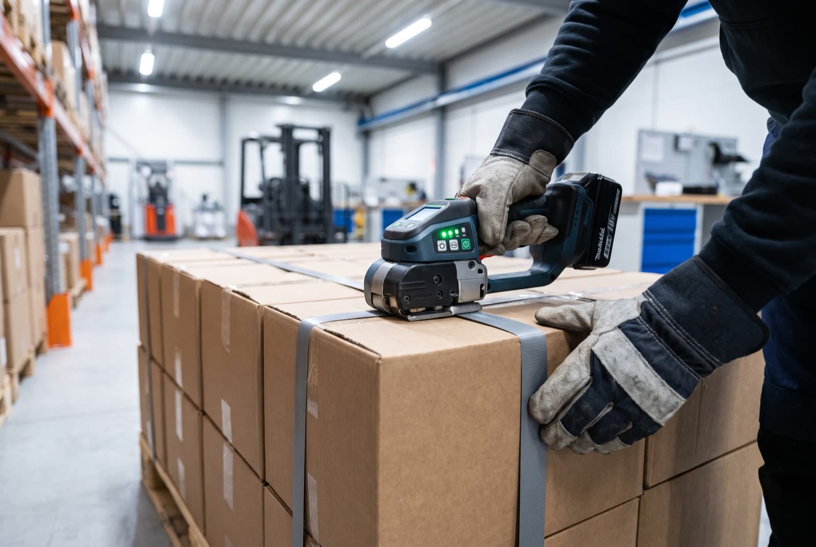 Hands using a battery strapping tool to tension and weld polypropylene band around a palletised load
