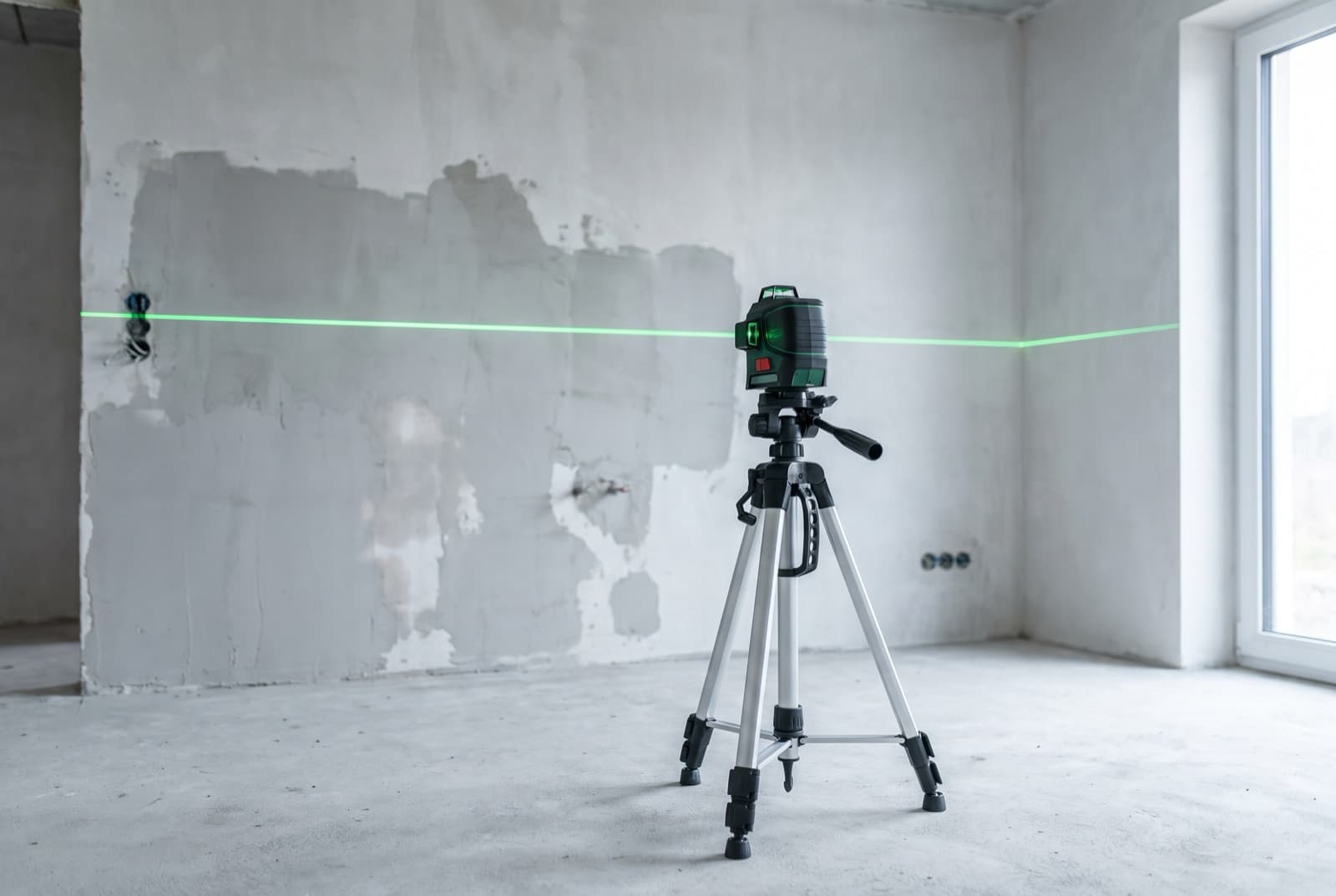 Green cross line laser level on a tripod projecting a level line across a bare interior wall