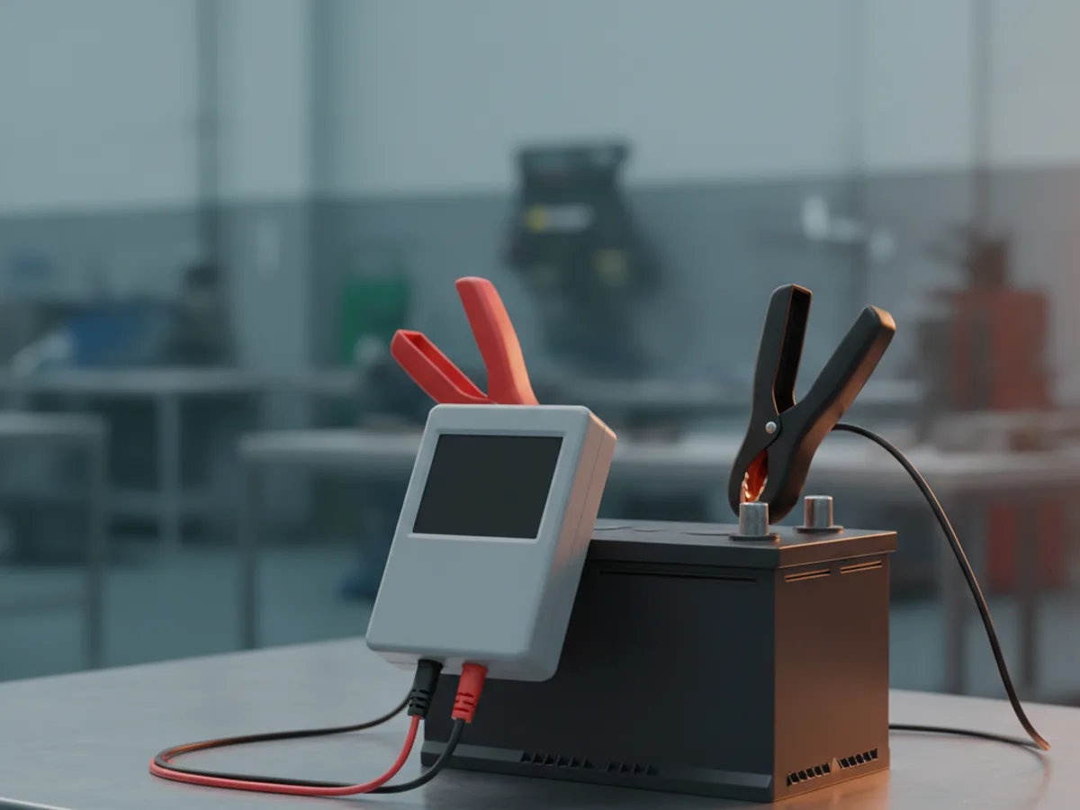 Handheld car battery tester with red and black clamps attached to a car battery on a workshop bench