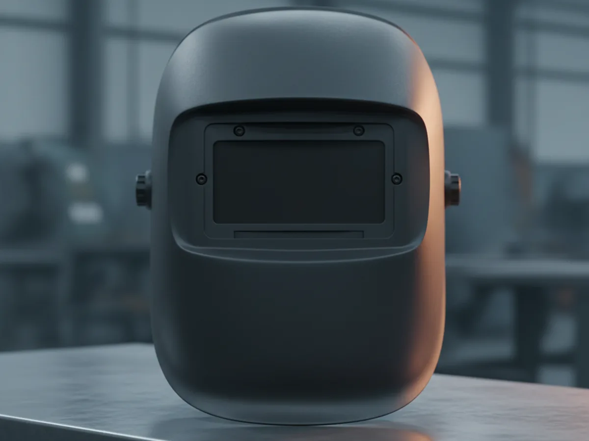 Welding helmet standing on a bench facing forward, showing its dark rectangular lens window and side adjustment knobs