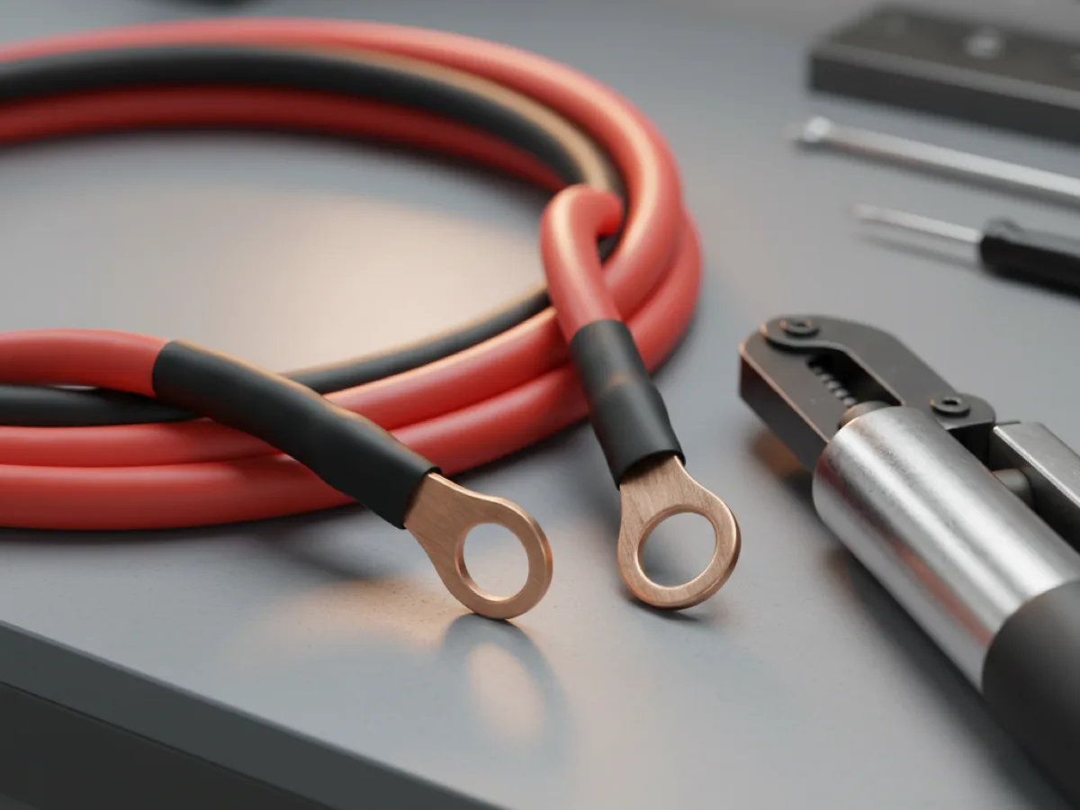 Coils of red and black heavy gauge battery cable with crimped copper lugs and heat shrink on a bench