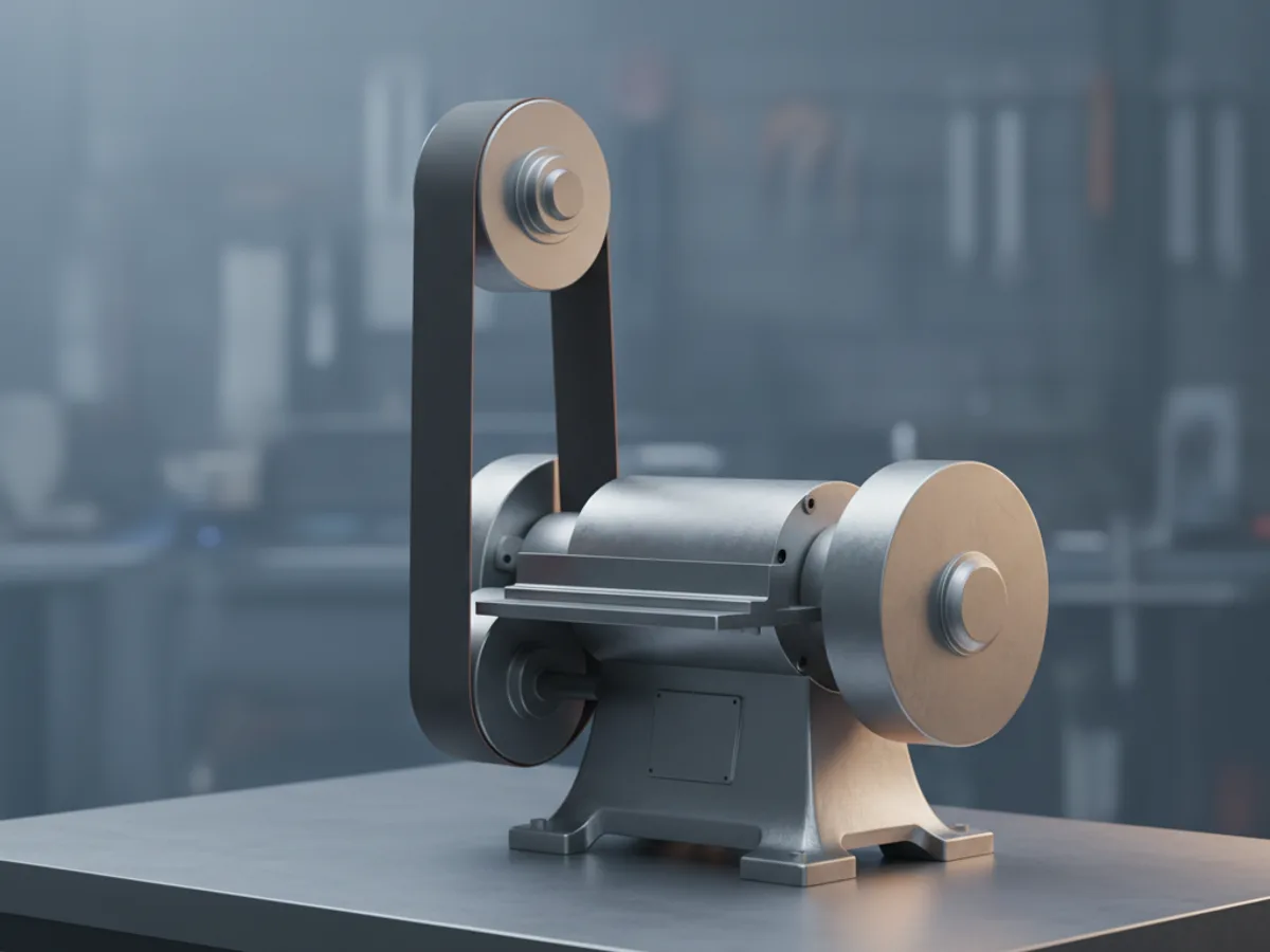 Upright metalworking belt grinder with a long abrasive belt running over its contact wheel and flat platen