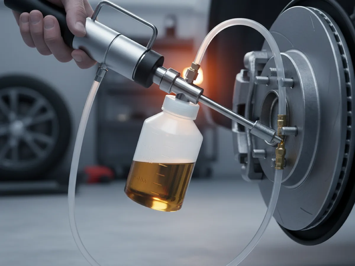 Vacuum brake bleeder kit with its pump and catch bottle connected to a caliper bleed nipple
