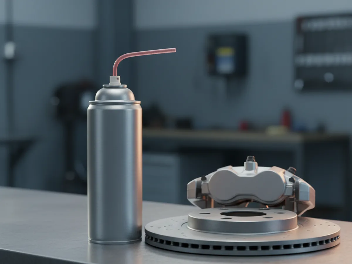 Plain aerosol can of brake cleaner with an extension straw fitted standing beside a brake disc and caliper on a bench