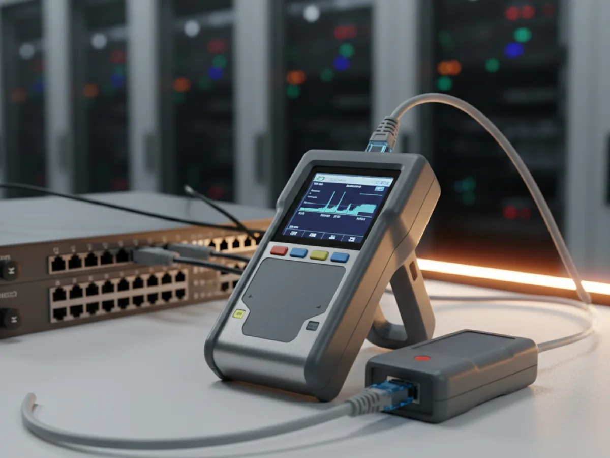 Handheld network cable tester with its remote unit and a patch lead beside a wall-mounted patch panel