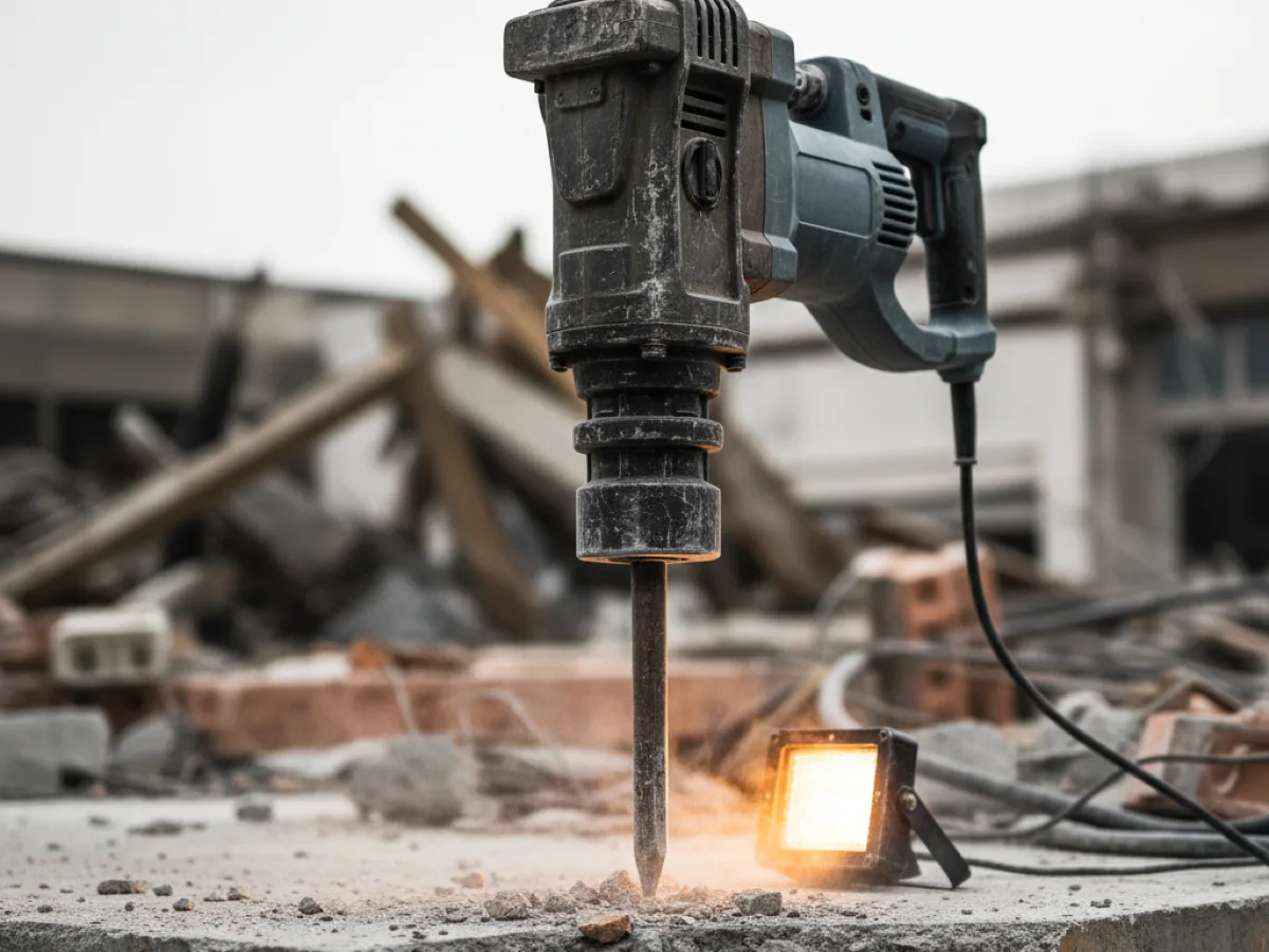 Electric demolition hammer with a pointed chisel standing on a broken concrete slab at a site