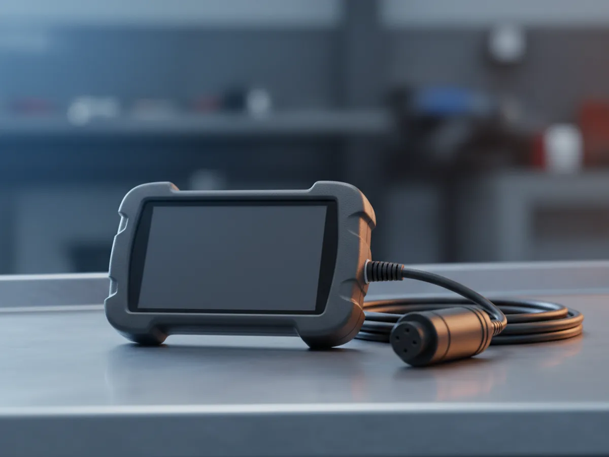 Handheld automotive diagnostic scanner with a blank screen resting on a bench beside its coiled connector lead
