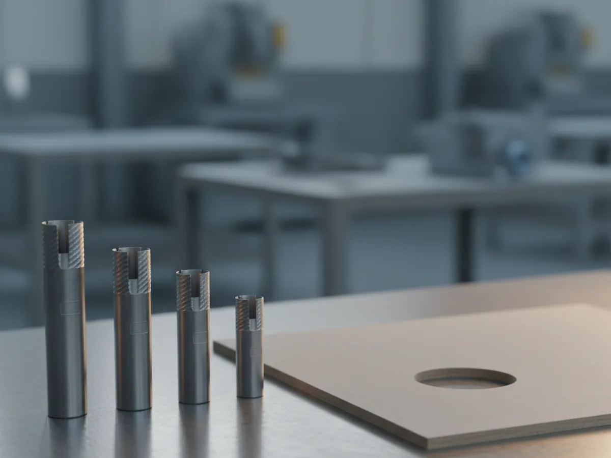Set of diamond core hole saws of increasing diameter standing on a porcelain tile beside a drilled hole