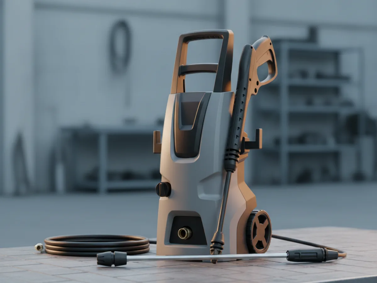 Electric pressure washer on a driveway with its lance and a turbo nozzle laid beside a coiled high pressure hose