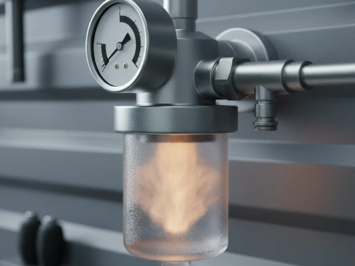 Compressed air filter regulator unit with a clear bowl and pressure gauge mounted on a workshop air line