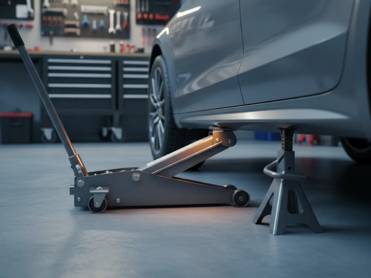 Low profile aluminium trolley jack raised under a car sill with an axle stand positioned alongside