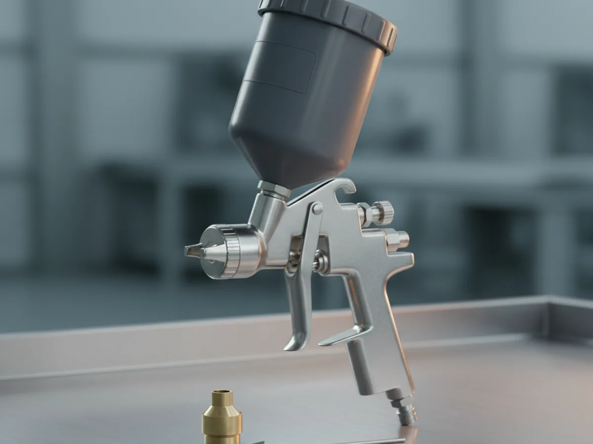 Gravity feed HVLP spray gun with its paint cup fitted standing on a bench beside a spare nozzle set