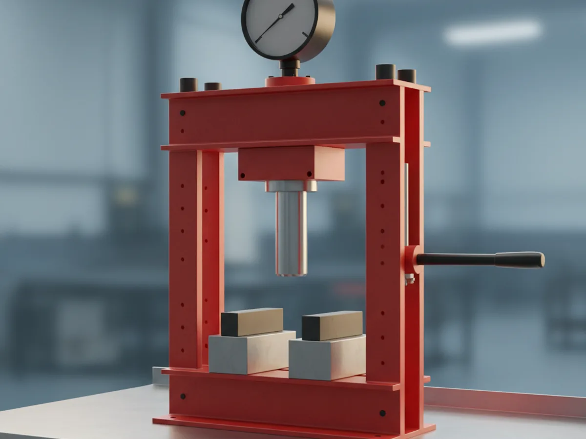 Red H frame hydraulic shop press with its ram lowered over bolster plates and a pressure gauge at the top