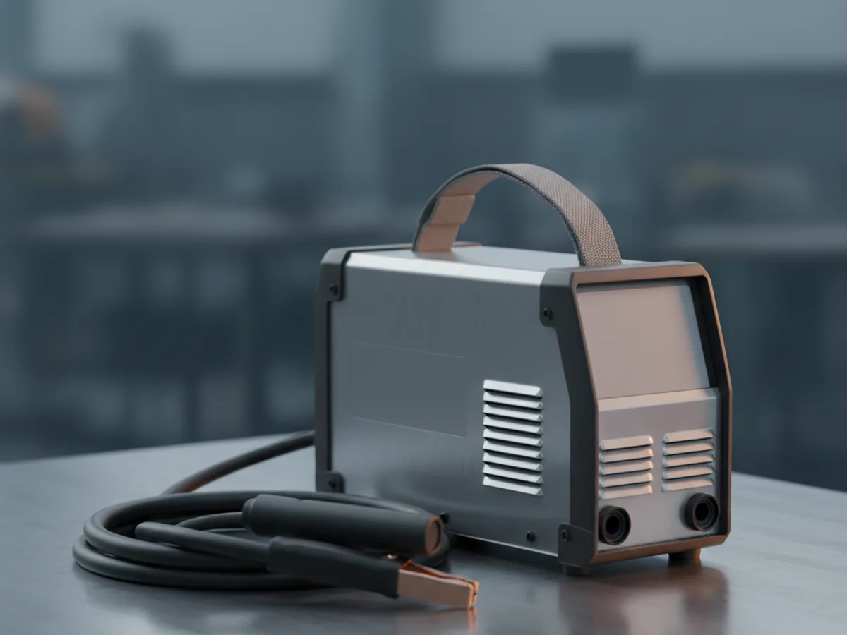 Compact inverter welding machine with a blank control panel, torch lead coiled and earth clamp resting alongside
