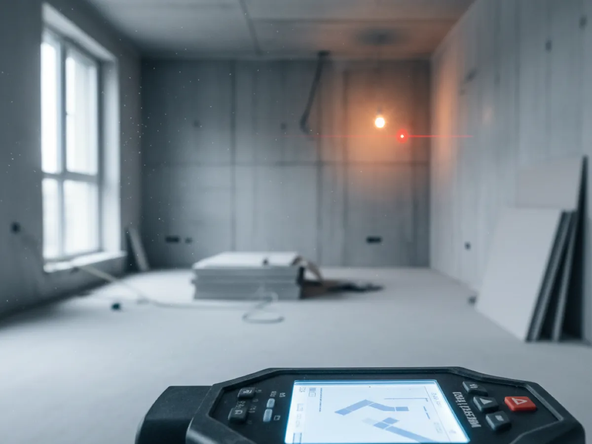 Handheld laser distance meter held level in a bare room with its measurement dot on the far wall