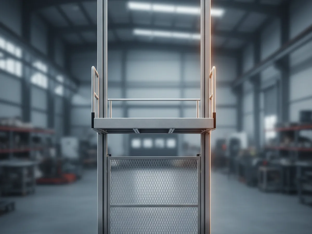 Steel goods lift platform raised on its guide rails above a mesh gate inside a warehouse
