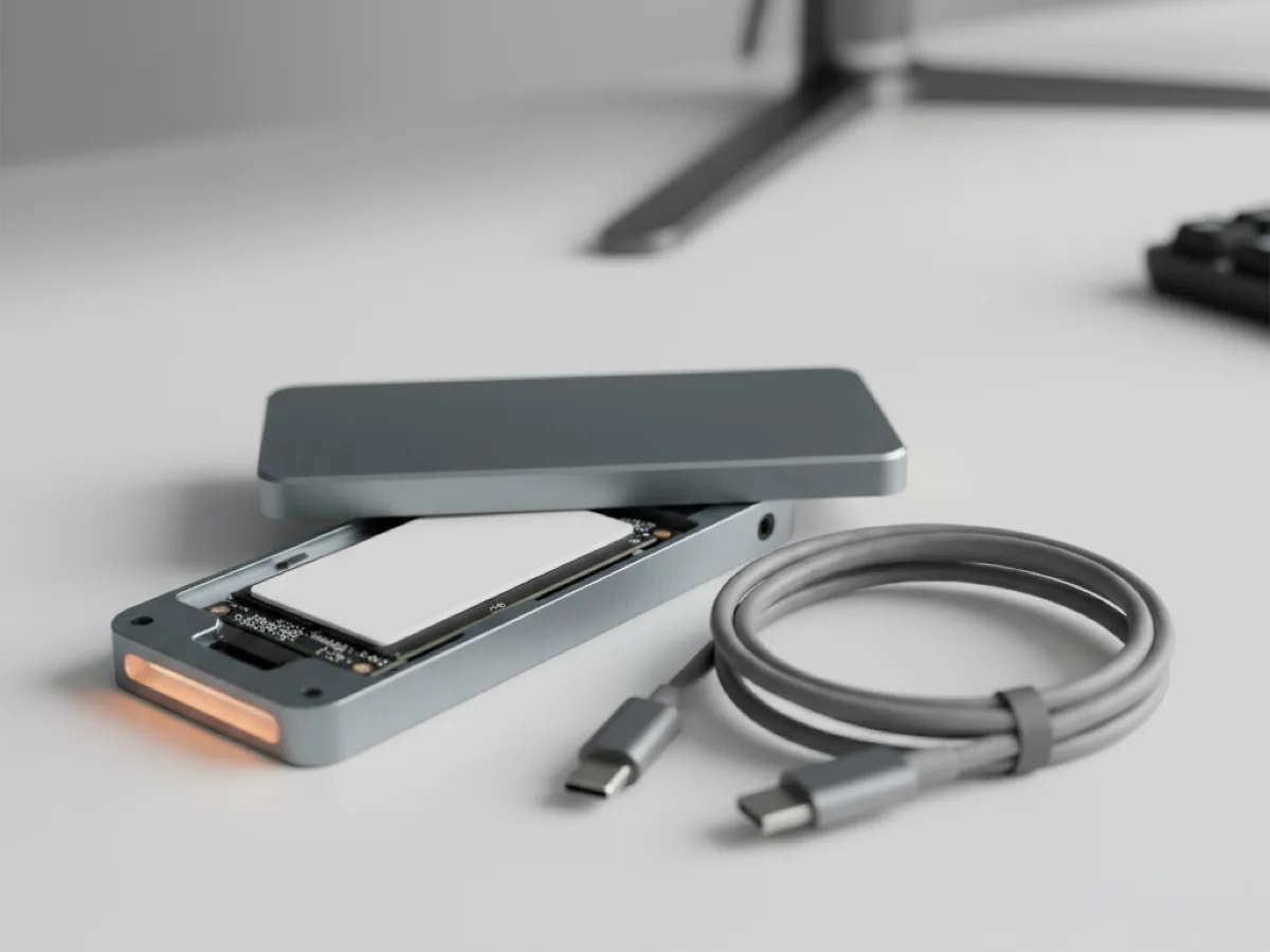 Aluminium NVMe drive enclosure opened to show an M.2 SSD and thermal pad beside a USB-C cable