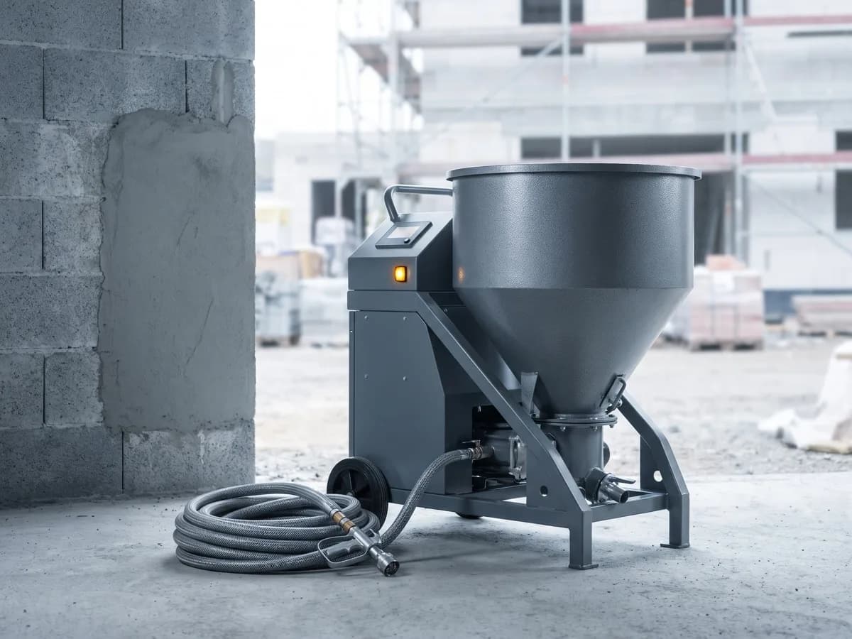 Continuous mixing plastering machine with hopper, hose run and spray gun beside a part-rendered wall