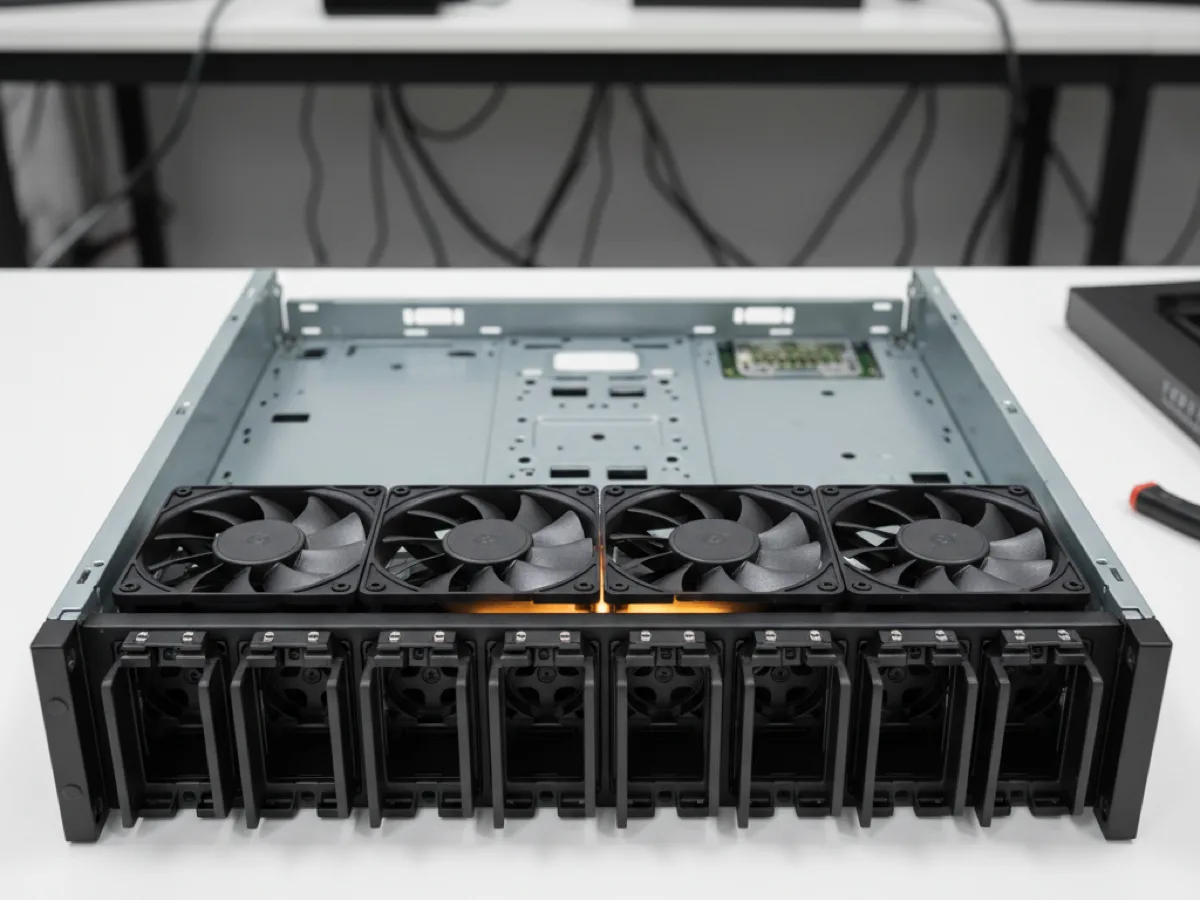 Open 2U rackmount server chassis showing hot-swap drive bays, the fan wall and the motherboard tray