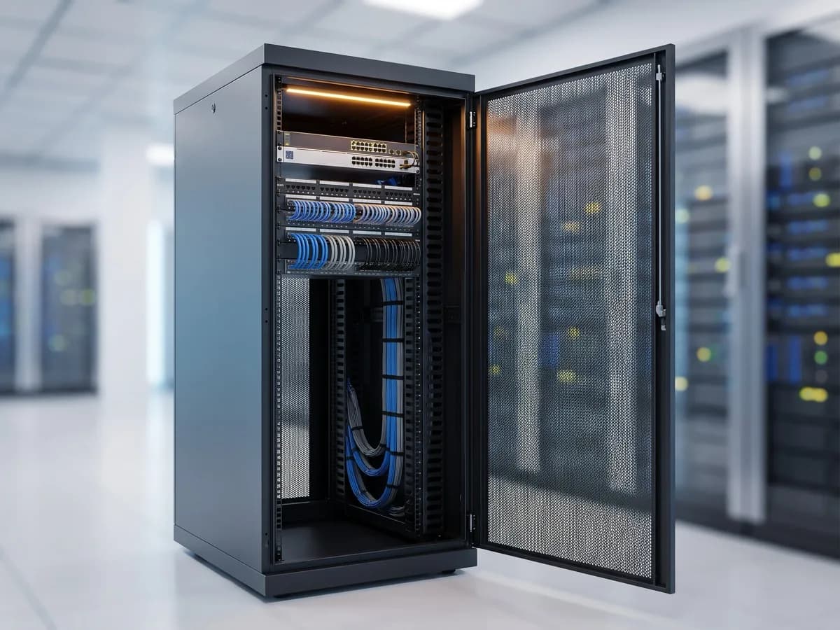 Open 42U server rack cabinet with perforated doors, mounted patch panels and vertical cable management