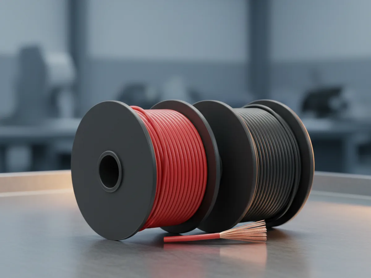Spools of red and black silicone insulated wire with a cut end showing the fine copper strands fanned out