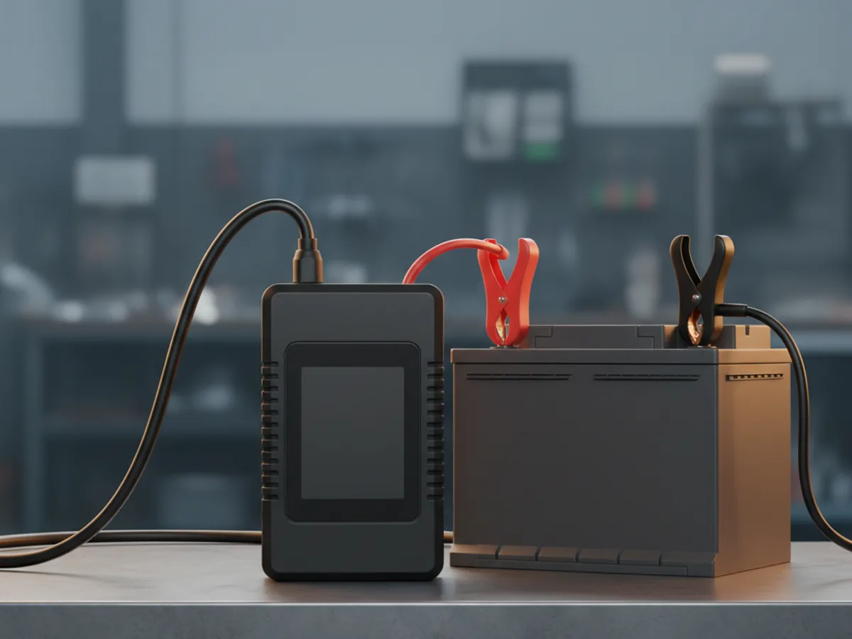 Compact smart battery charger with a blank display and red and black clamps connected to a car battery