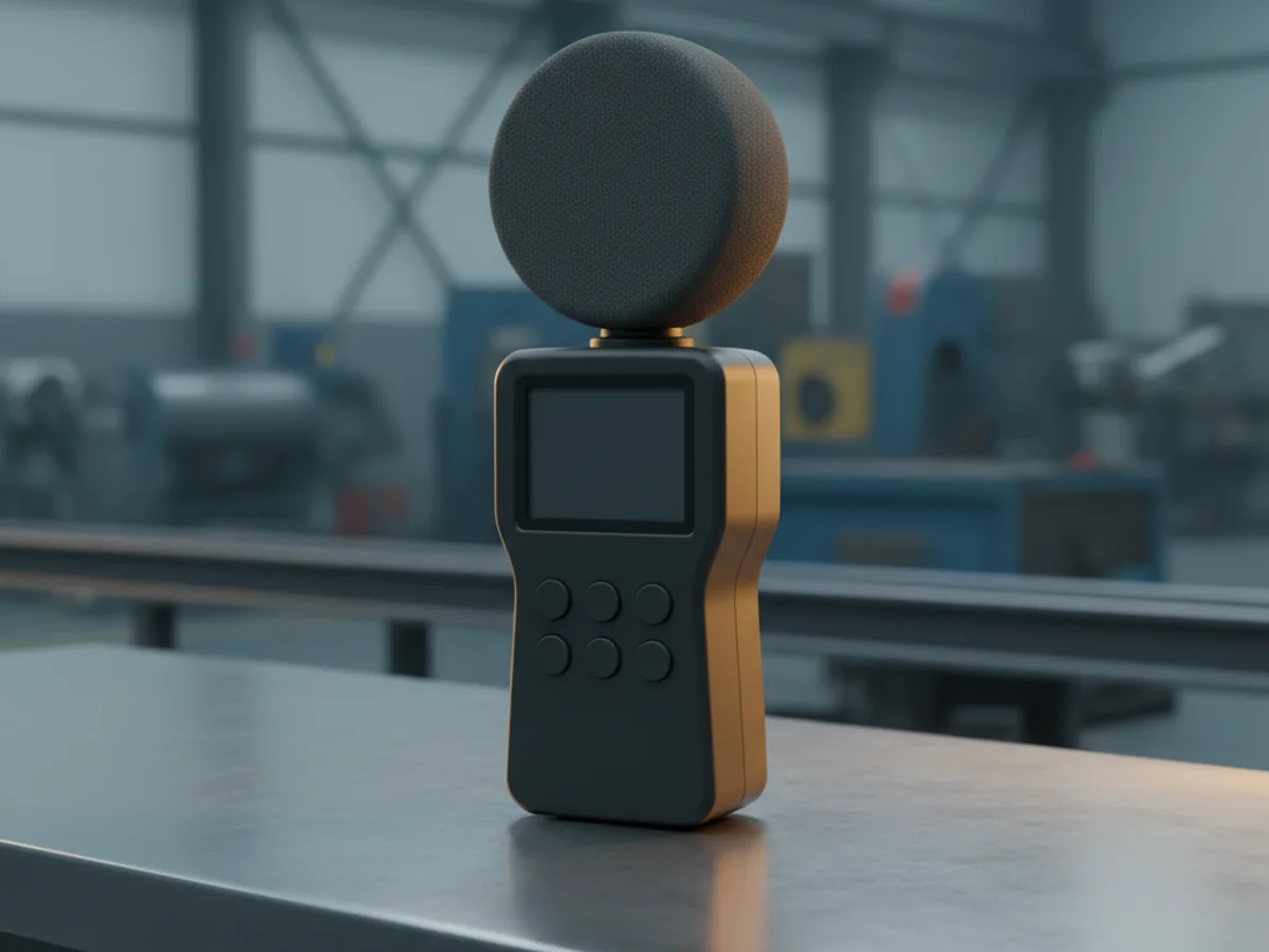 Handheld digital sound level meter with a foam windshield on its microphone standing upright on a bench