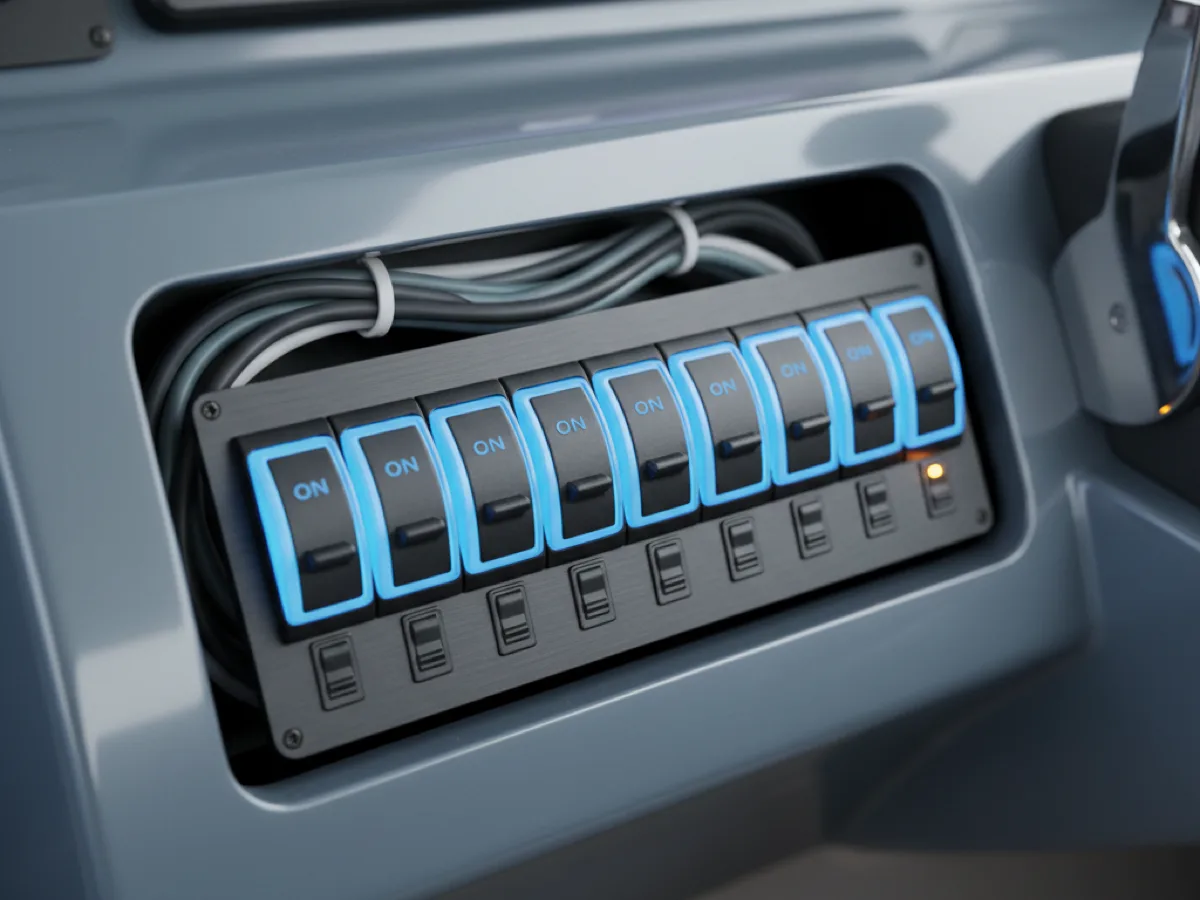 Marine grade six gang rocker switch panel with illuminated switches and circuit breakers mounted in a dash