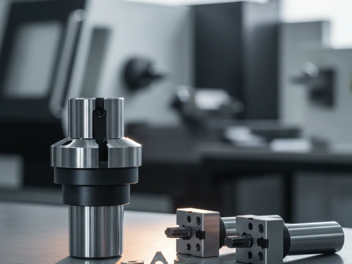 BT40 CNC tool holder with an ER collet chuck beside lathe insert holders on a machine shop bench