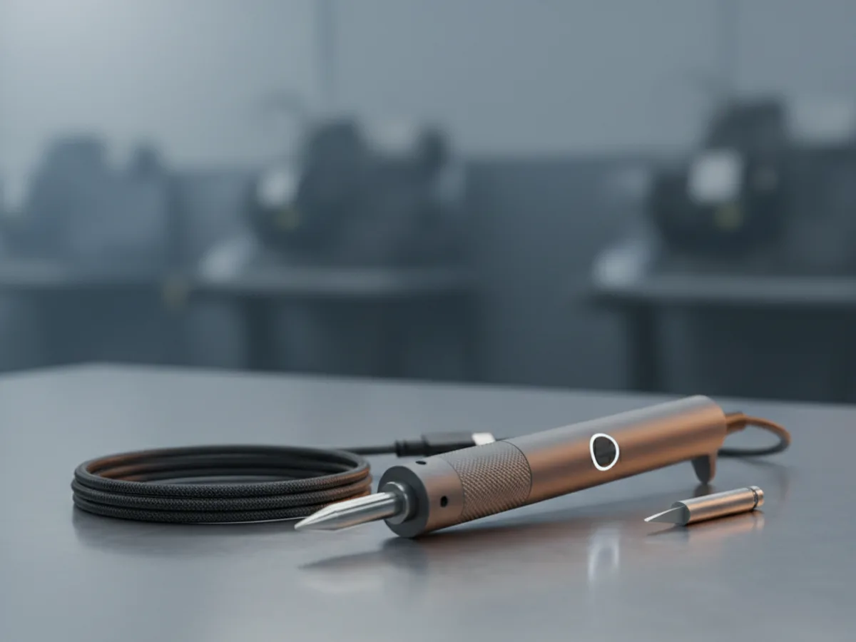 Slim USB-C powered soldering iron with a round indicator on the handle, beside a coiled cable and a spare tip