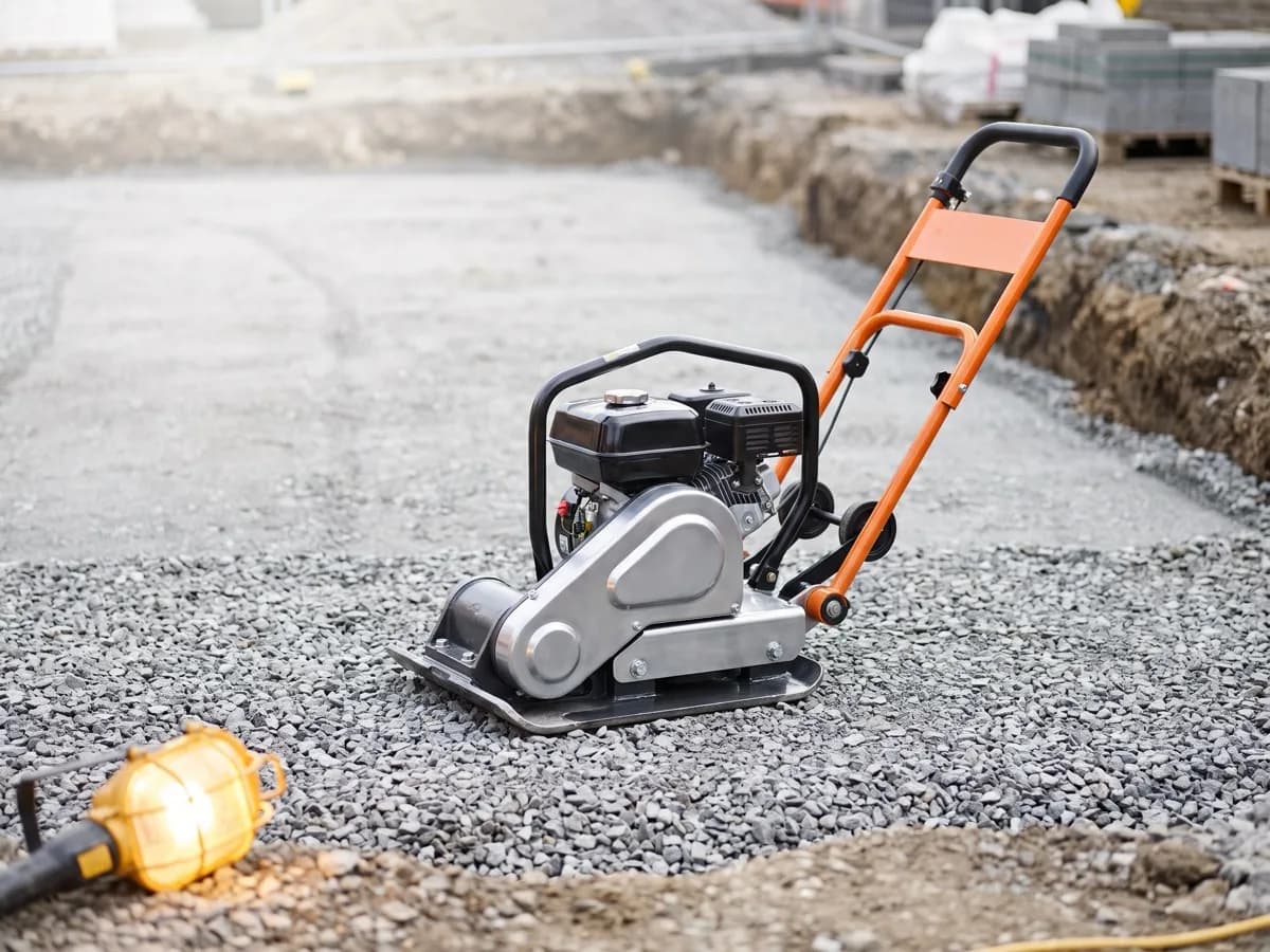 Walk-behind vibrating plate compactor on freshly laid hardcore beside a compacted sub-base