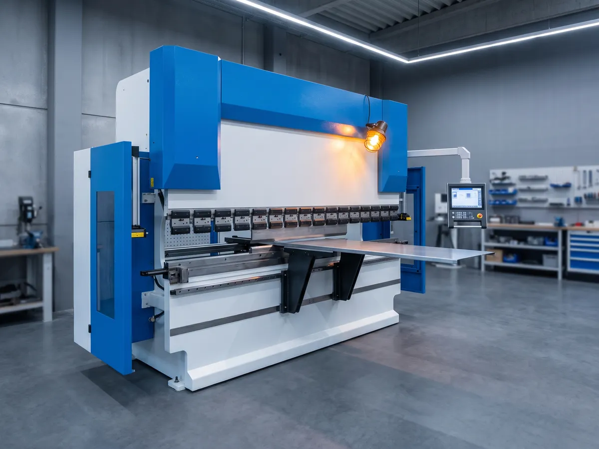 CNC hydraulic press brake bending a sheet of steel, with its control console