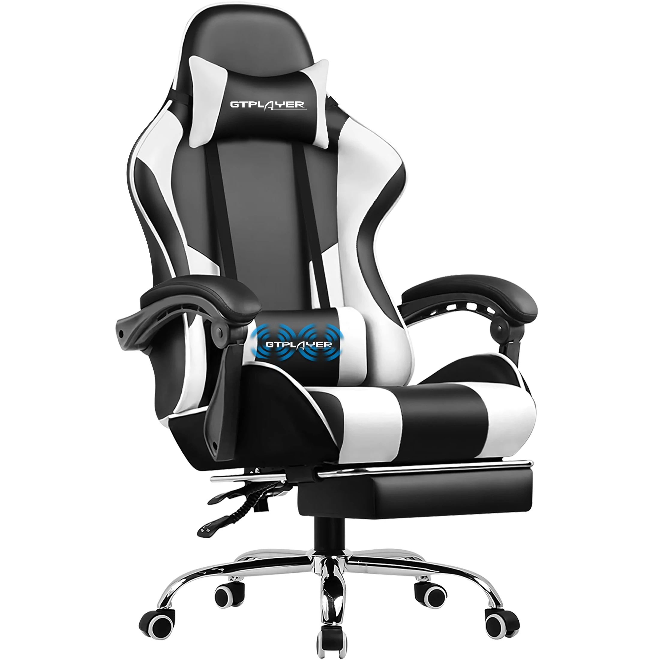GTPLAYER gaming chair with built-in massage function, retractable footrest, and adjustable headrest for ergonomic gaming or office sessions.