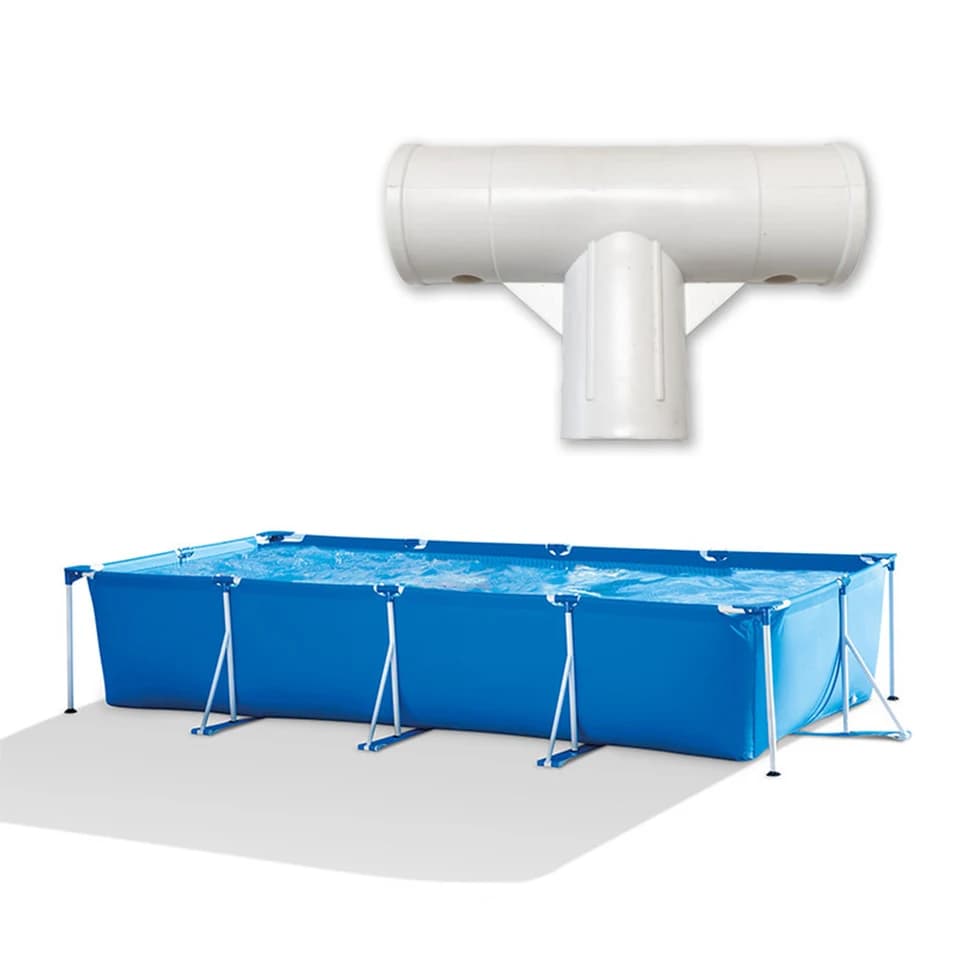 Flexible Pan Connector: T-shaped fitting next to a blue above-ground pool.
