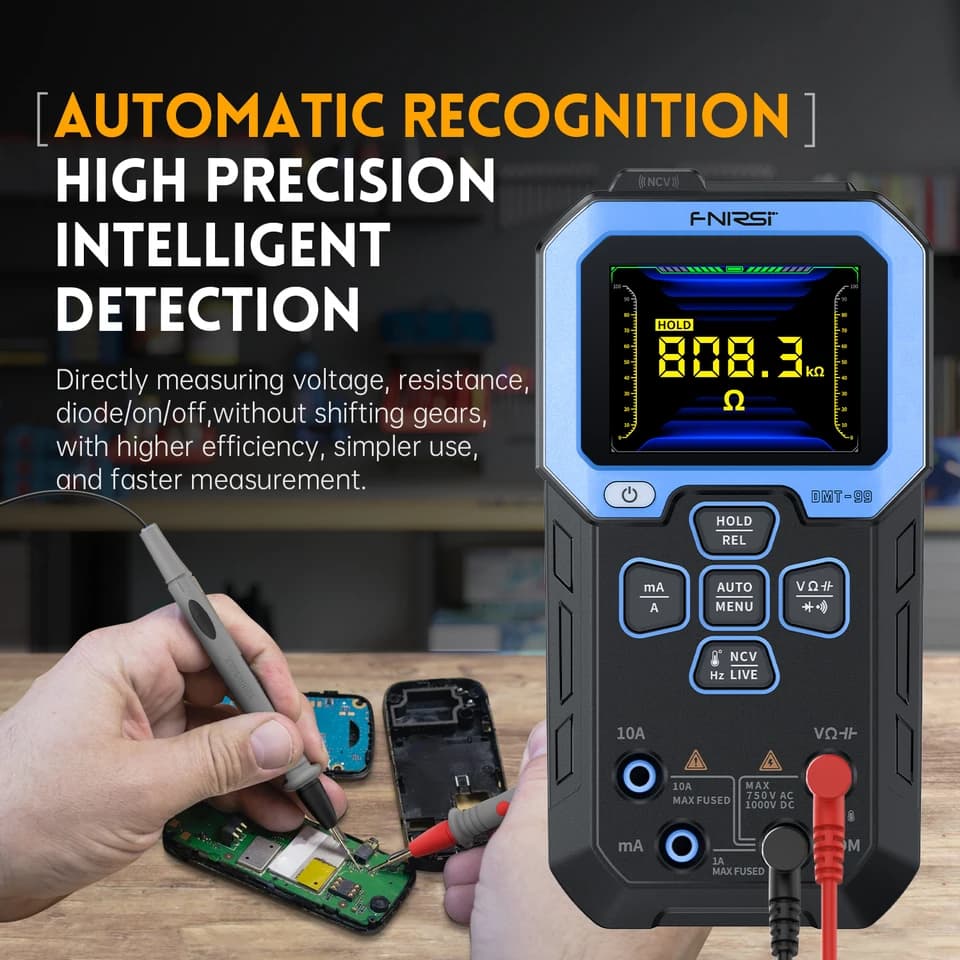 FNIRSI DMT-99 Multimeter | 9999 Counts True RMS | 1000V 10A Auto Range - Thumbnail 4