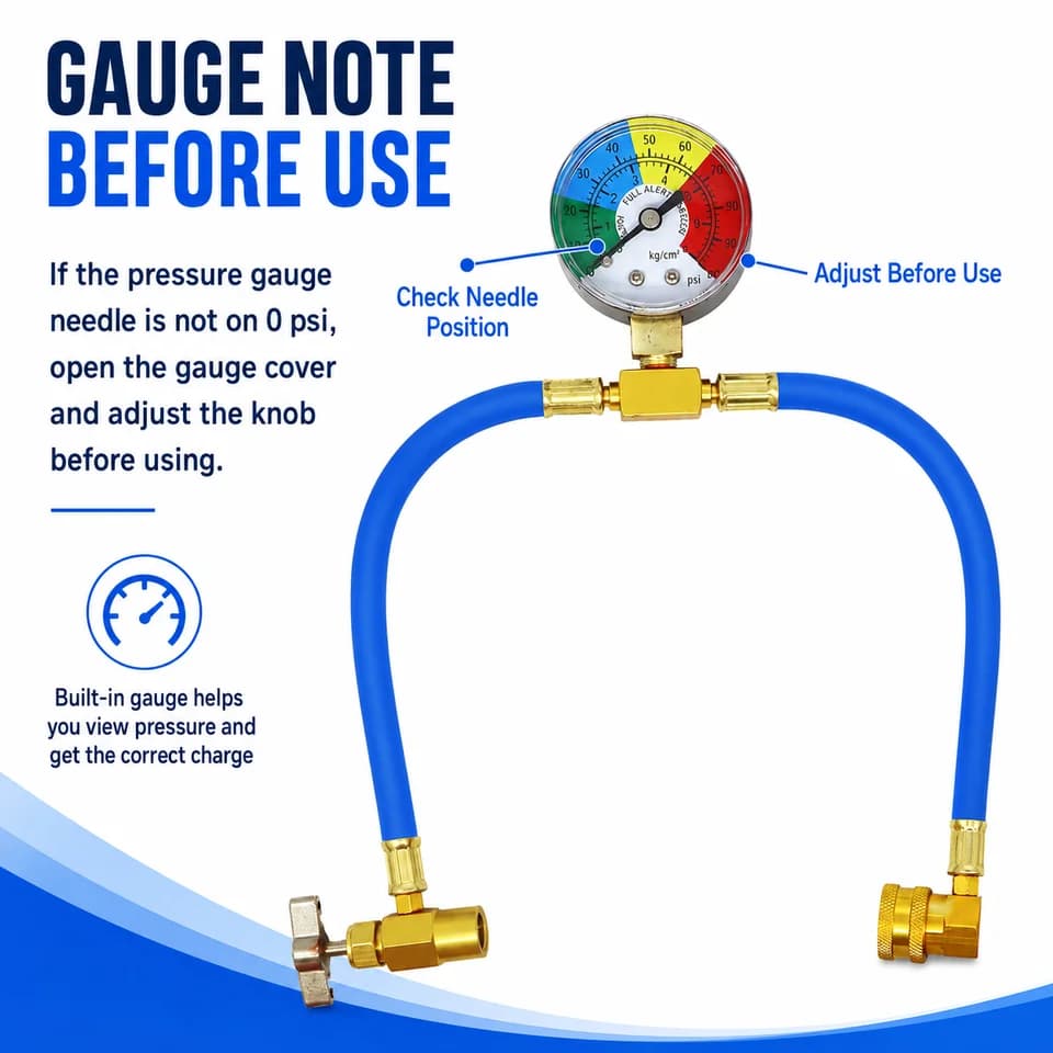 AC Recharge Kit Hose with Gauge | R134A Can Tap | 90° Low Side Coupler - Thumbnail 2