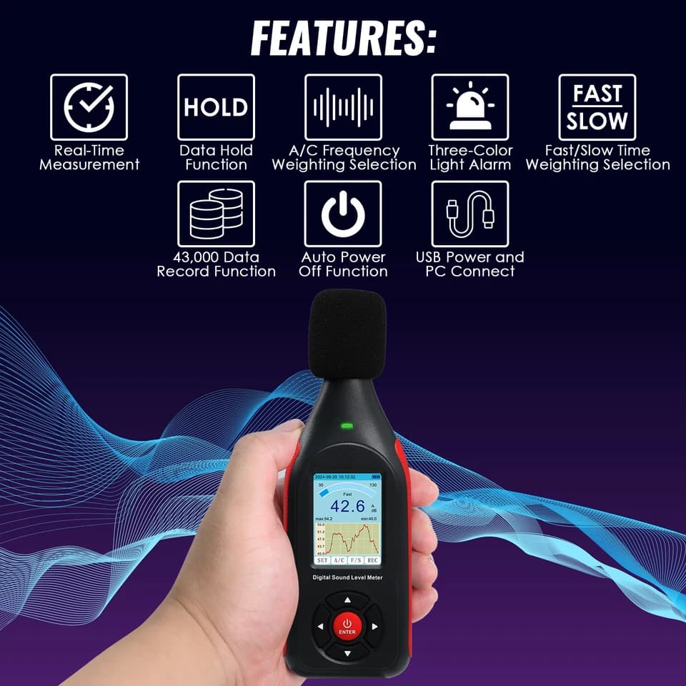 Sound Level Meter | 43,000 Data Storage | Digital Handheld Decibel Meter - Thumbnail 4