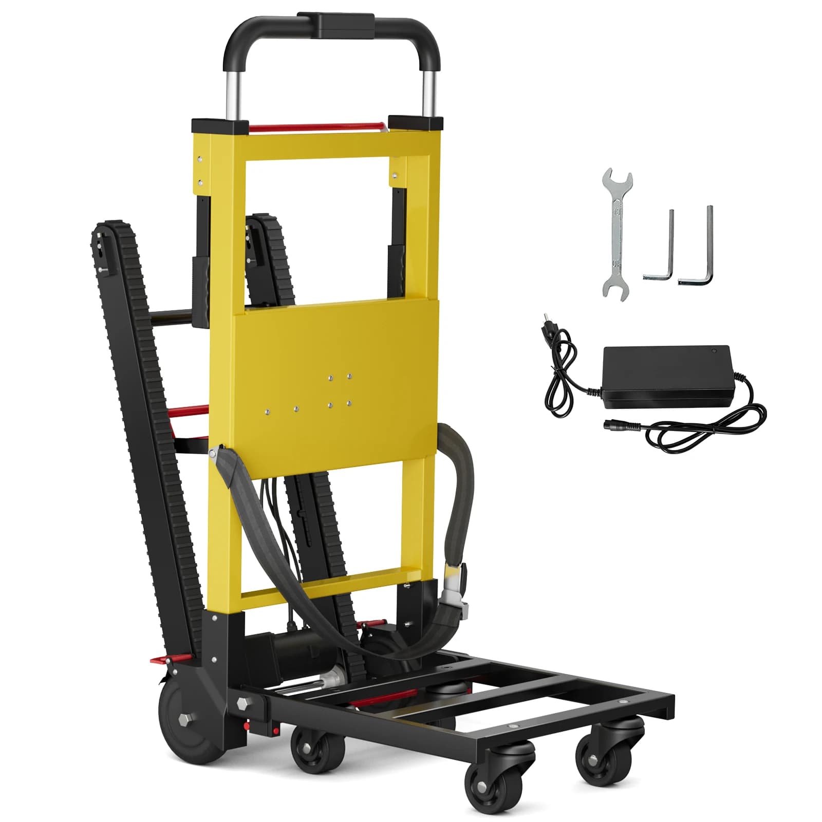 Heavy duty electric stair climbing hand truck with 400lb capacity, folding design for moving boxes and furniture up stairs.
