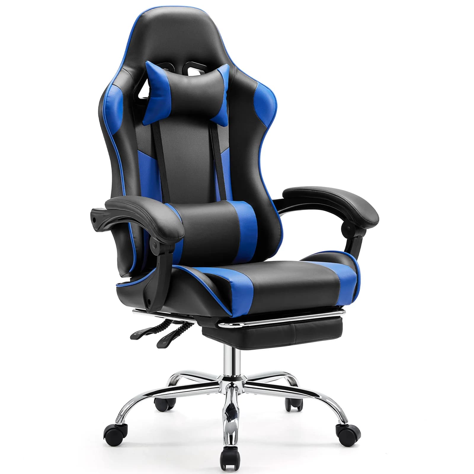 Racing-style gaming chair with PU leather upholstery, adjustable headrest and lumbar support, swivel base, and ergonomic design.