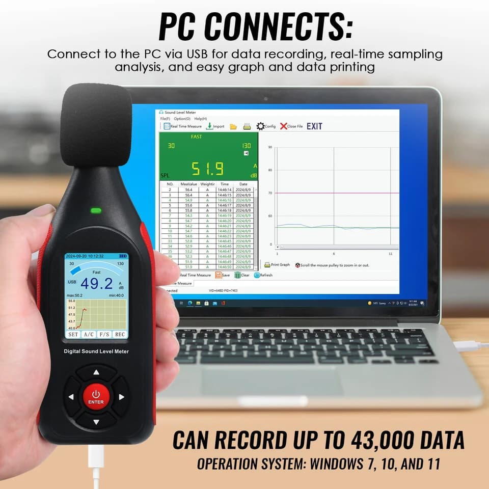 Sound Level Meter | 43,000 Data Storage | Digital Handheld Decibel Meter - Thumbnail 5