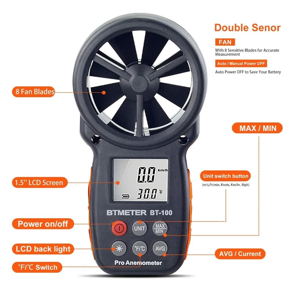BT-100 Anemometer | Wind Speed & Temperature Meter | Backlit LCD - Thumbnail 4