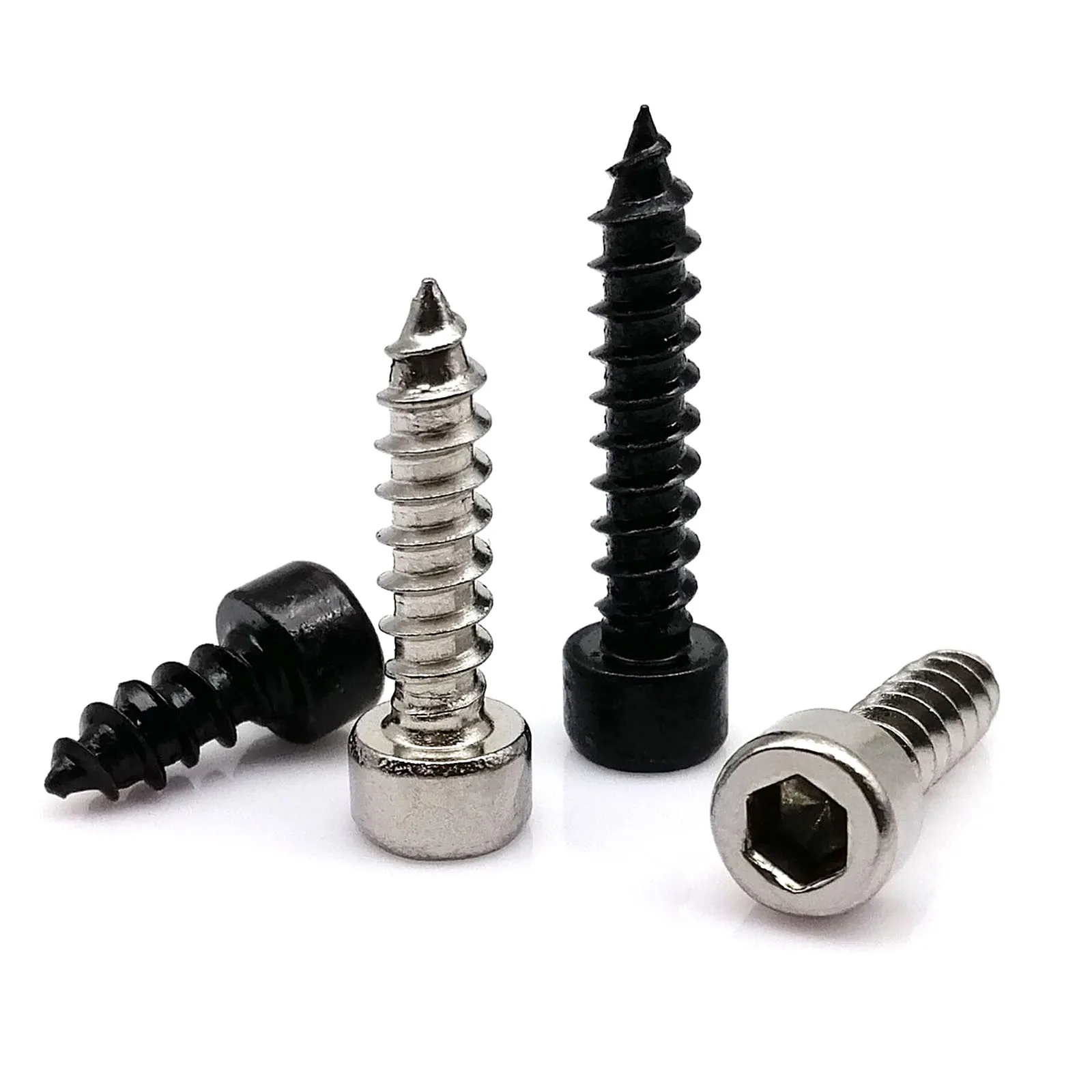 Black carbon or 304 stainless steel Allen hex socket cap head self-tapping screws for wood in metric sizes M2 through M6, available in 10-50 piece quantities.