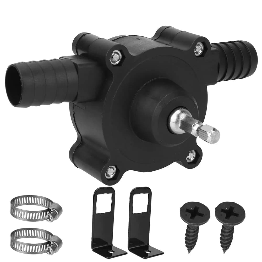 A mini hand self-priming transfer pump that attaches to an electric drill, for moving diesel, oil, or water.