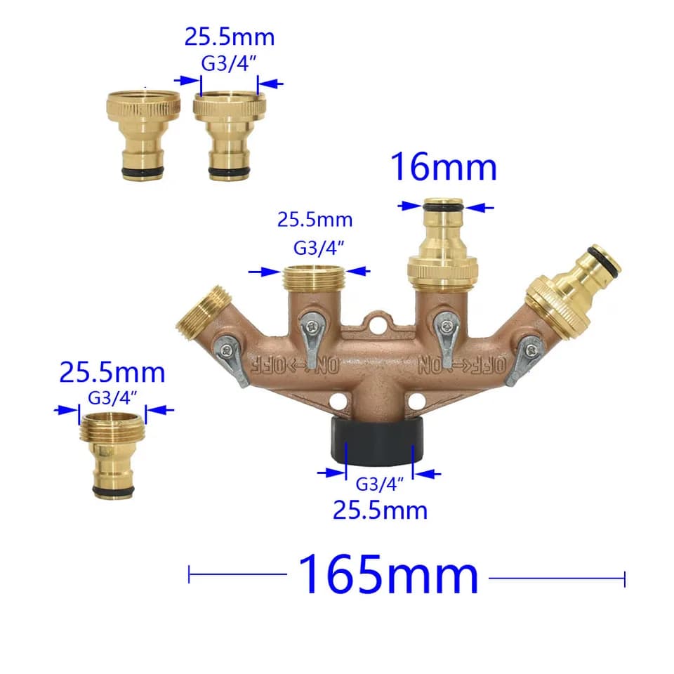 Garden Water Pipe 4-Way Splitter | Brass 3/4" Thread | Irrigation Valve Quick Connector - Thumbnail 3