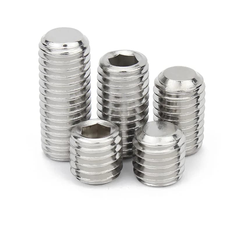 Stainless steel DIN913 Allen hex socket flat end grub screws in various metric sizes from M1.6 to M16, headless set screws for precision fastening applications.