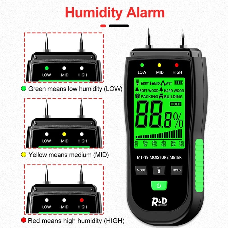 R&D MT-19 Wood Moisture Meter | Digital Timber Damp Detector | Wall Hygrometer - Thumbnail 5