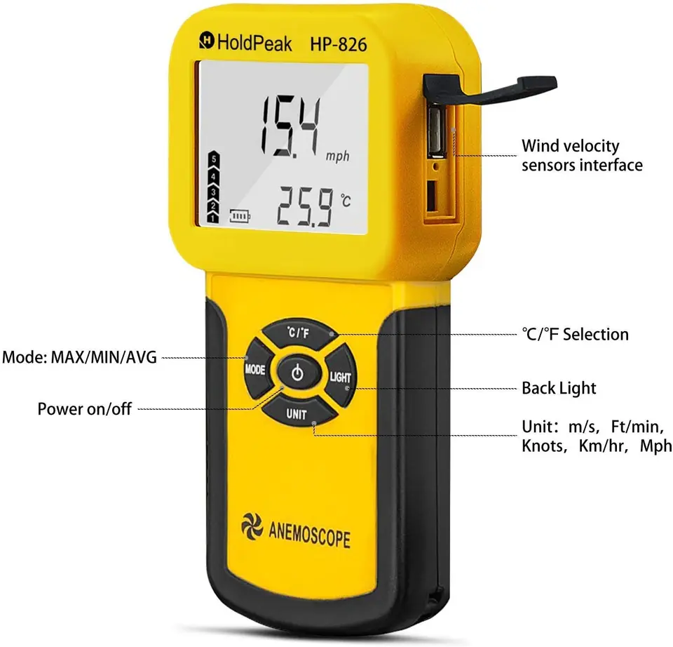 HP-826A Digital Anemometer | 0.3-30m/s Wind Speed & Air Volume | Handheld Tester - Thumbnail 5