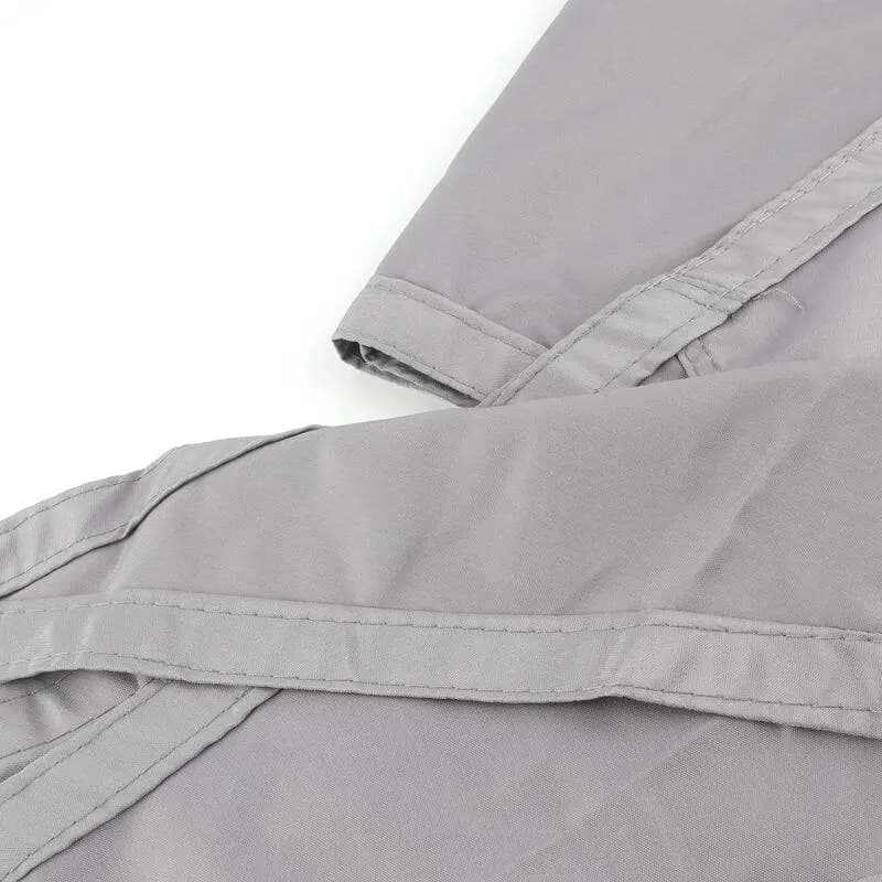 Waterproof Tarpaulin: Close-up of grey fabric with stitching on a white background.