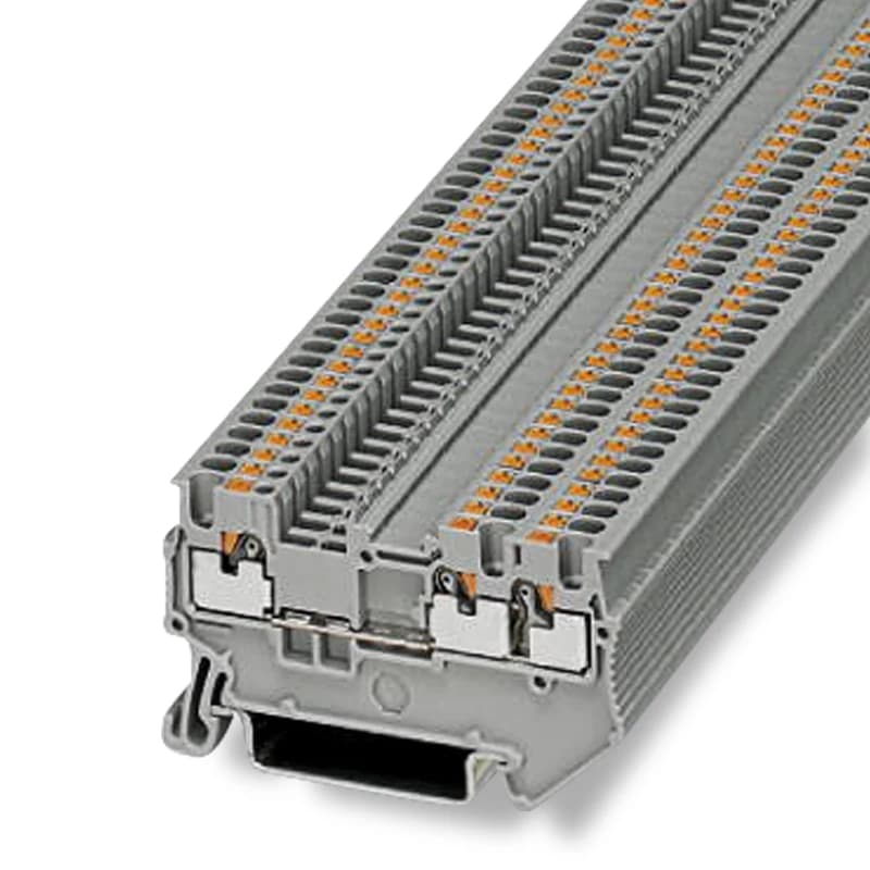 PT1.5-TWIN screwless push-in terminal block with 1 input and 2 outputs for efficient din rail wiring, featuring three conductor connections.