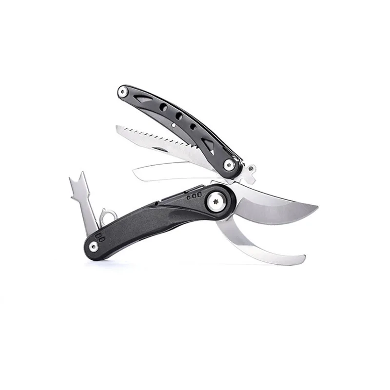 Garden Secateurs multi-tool with pruning shears, saw, and other small tools on white.